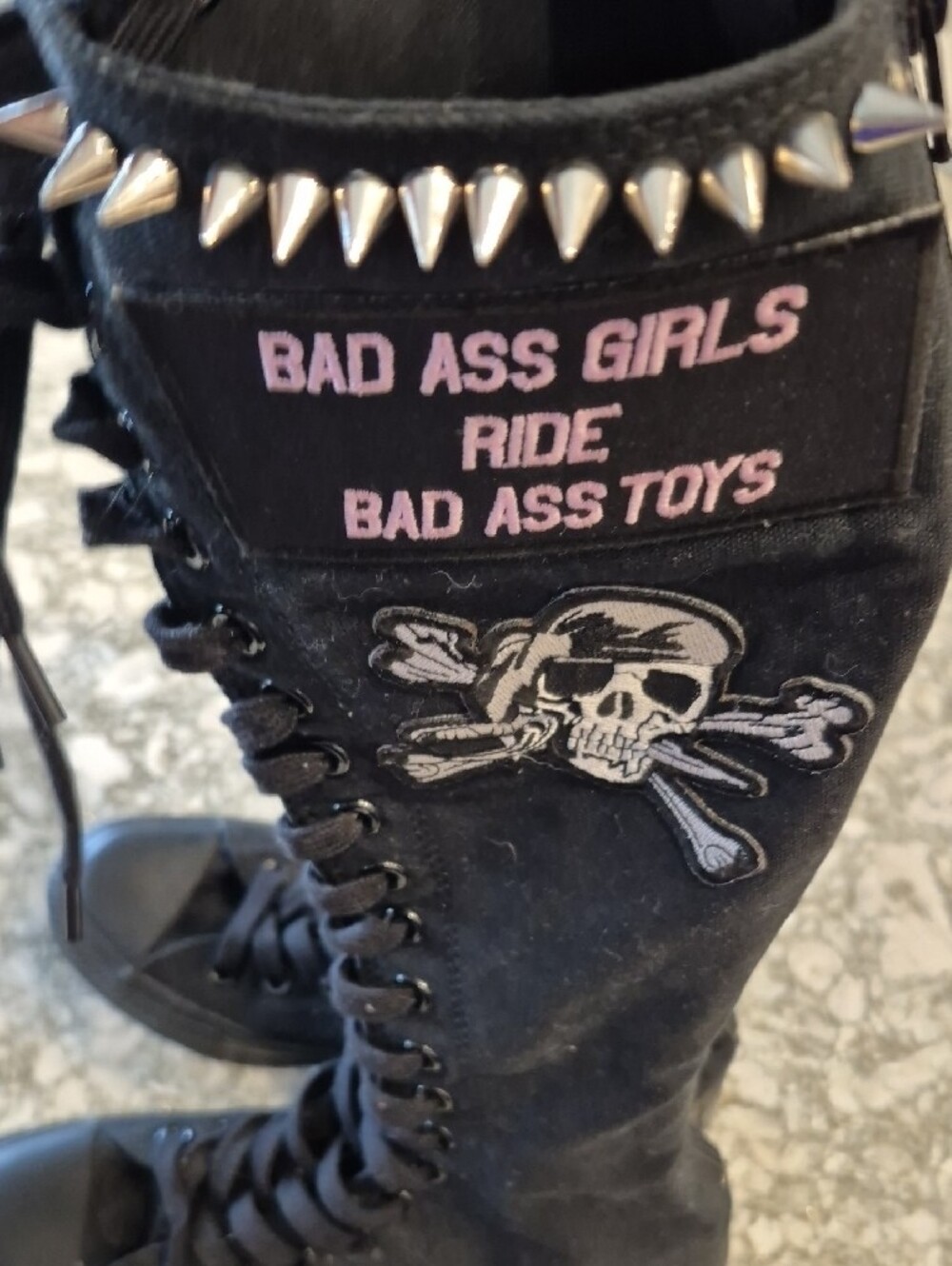 Converse All Stars Black Knee-High Lace-Up Canvas Boots with Pink Patch & Skull - Picture 10 of 13